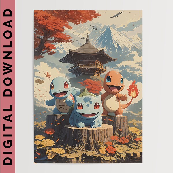 Starter Pokémon, Squirtle, Bulbasaur, Charmander Anime Poster | Printable Wall Art | Digital Poster | Japanese Home Decor | Download & Print