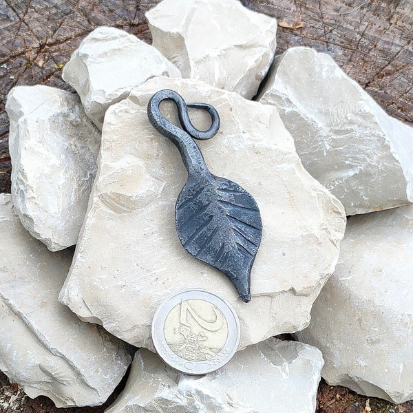 Hand forged leaf. Small steel pendant. Simple shaped. Iron pendant