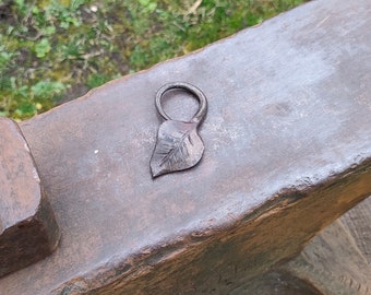 Hand-forged leaf pendant. Hand-forged from mild steel. broad leaf, round stem, messing finish