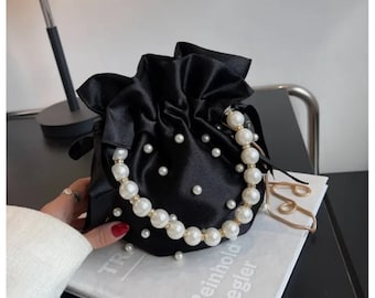 Mini Pearl Beaded Bag, Black Satin Pearl Bag, Pearl handbag, Overnight Bag, Cute Bag, pearl bags, Bride Bag