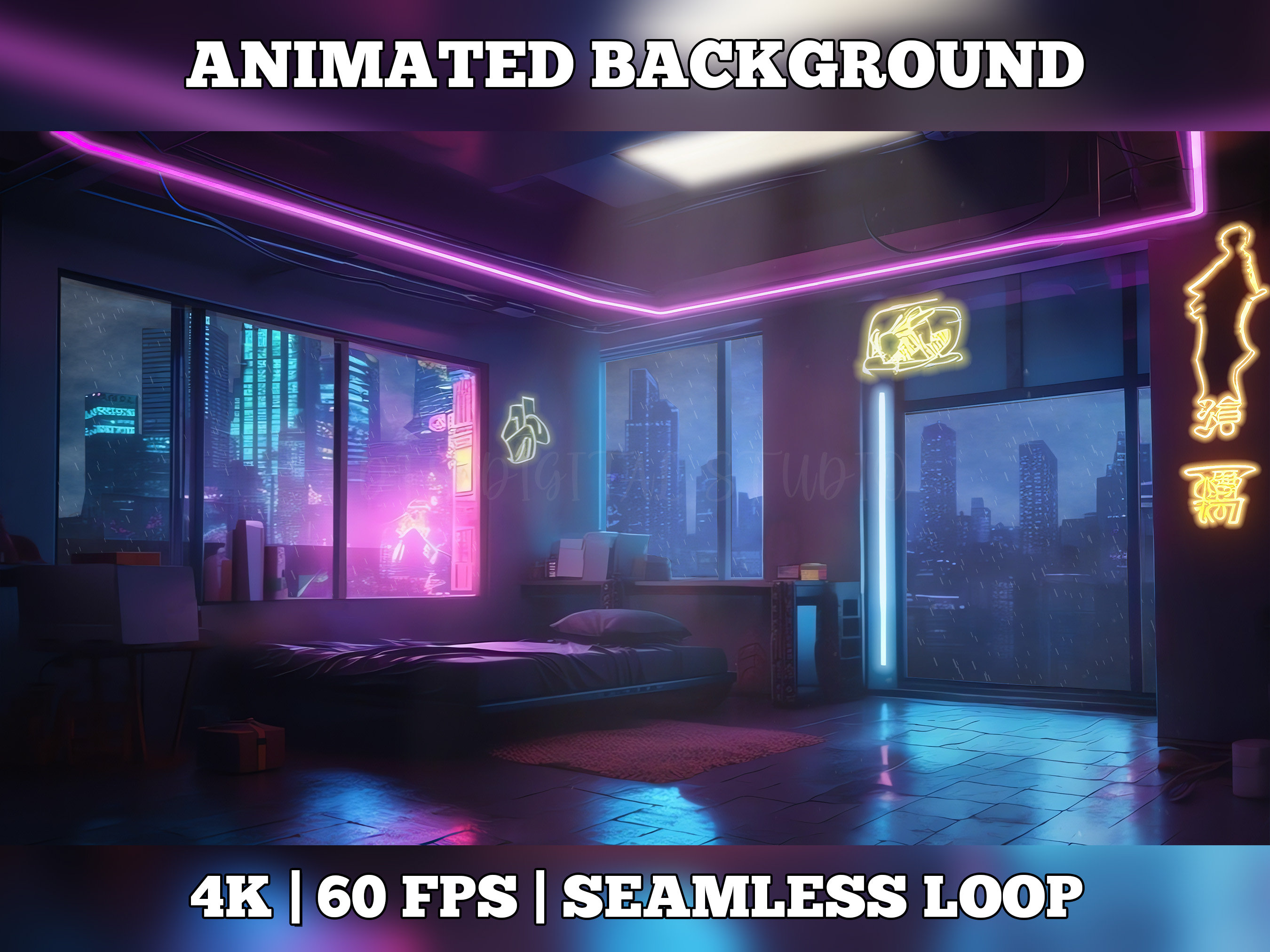 Animated Stream Screen Cyberpunk Room Looped Vtuber (Instant Download) 