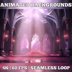May include: A 4K animated background featuring a grand, gothic cathedral with a throne in the centre. The cathedral is lit by soft, pink light and has tall, arched windows. The background is seamless and loops at 60 frames per second.