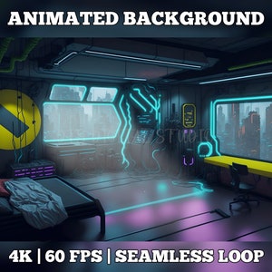 Vtuber Background Animated, stream room background, vtuber room background, animated background, cyberpunk bedroom day, seamless looped