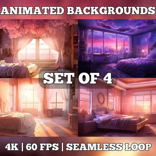 Vtuber Background Animated, stream room background, vtuber room background, animated background twitch, 4x bedroom bundle pink purple girly