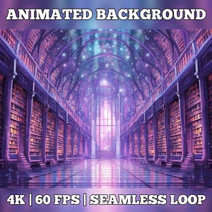 Pode incluir: Fundo animado de uma grande biblioteca com prateleiras altas cheias de livros. O teto é alto e tem um efeito de céu estrelado. A biblioteca é iluminada por uma luz brilhante no final do corredor. O texto "4K | 60 FPS | LOOP SEM COSTURA" está na parte inferior da imagem.