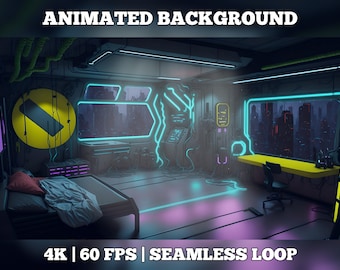 Pode incluir: Uma sala futurista com uma cama, uma mesa e uma janela com vista para o horizonte da cidade. A sala é iluminada com luzes de néon e tem uma estética cyberpunk. O texto "4K | 60 FPS | LOOP SEM COSTURA" é exibido na parte inferior da imagem.
