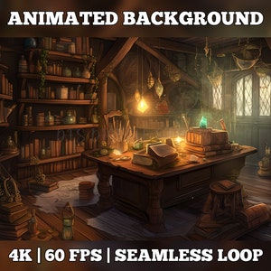 Puede incluir: Una habitación de madera con poca luz con una gran estantería llena de libros y botellas. Un escritorio de madera con un libro, una vela y un cristal en la parte superior se encuentra en el centro de la habitación. La habitación está decorada con linternas colgantes y otros objetos. El texto "4K | 60 FPS | BUCLE SIN SOLDADURA" está en la parte inferior de la imagen.