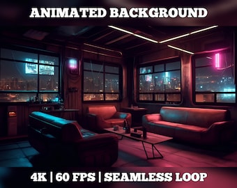Pode incluir: Um fundo animado apresentando uma sala escura com dois sofás de couro, uma mesa de centro e grandes janelas com vista para o horizonte da cidade à noite. A cena é iluminada por luzes neon rosa e azul, com o texto ANIMATED BACKGROUND 4K 60 FPS SEAMLESS LOOP.