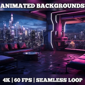 May include: A futuristic city skyline viewed from a rooftop lounge with a couch, coffee table, and other furniture. The scene is lit with neon pink lights and the city lights are reflected in the wet floor. The text "4K | 60 FPS | SEAMLESS LOOP" is at the bottom of the image.