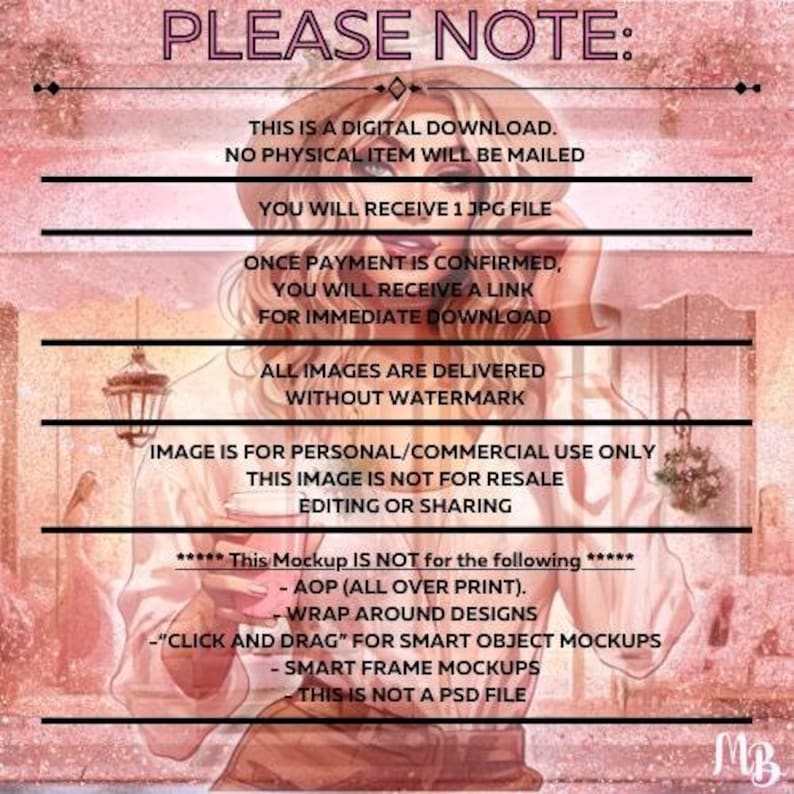 Peut inclure: Un avis de t&eacute;l&eacute;chargement num&eacute;rique avec une illustration aux tons roses d'une personne portant un chapeau et tenant une tasse. Le texte indique : PLEASE NOTE: THIS IS A DIGITAL DOWNLOAD. NO PHYSICAL ITEM WILL BE MAILED. YOU WILL RECEIVE 1 JPG FILE.
