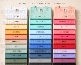 Maquette du nuancier Comfort Colors 1717 : guide des couleurs pour t-shirts (33 couleurs), maquette POD minimaliste, photo pour Etsy Printify Apparel