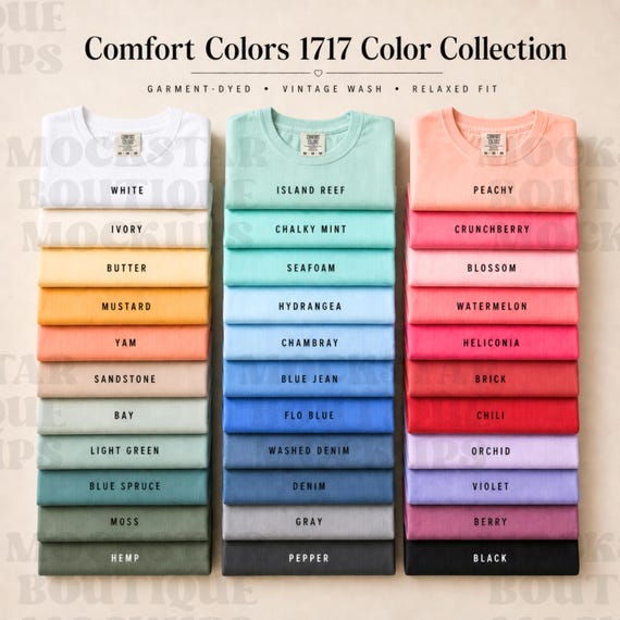 Comfort Colors 1717 Color Chart Mockup 33 Colors T Shirt Color Guide POD Mockup Minimalist Shirt Listing Photo for Etsy Printify Apparel