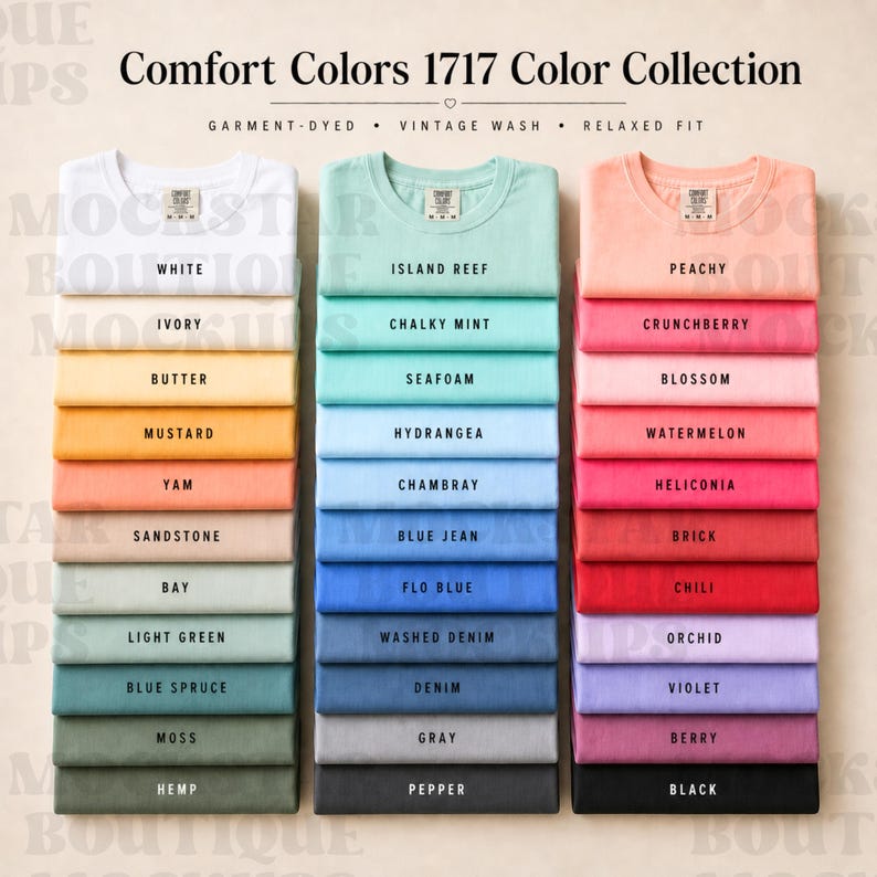Comfort Colors 1717 Color Chart Mockup 33 Colors T Shirt Color Guide POD Mockup Minimalist Shirt Listing Photo for Etsy Printify Apparel