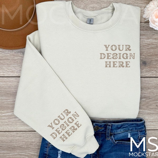 Gildan 18000 Sand Sleeve Mockup Gildan Sand Sweatshirt Flat Lay Wrist Mockup Bundle Sand Gildan 18000 Cuff Mock up Bundle Gildan Sand MockUp