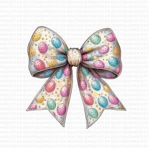 May include: A white bow with a glittery finish and a pattern of colorful Easter eggs. The bow is tied in a classic knot with the ends of the bow flowing down.