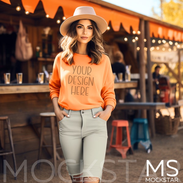 Orange Sweater Mockup Gildan 18000 Mockup Gildan Orange Sweatshirt Mockup Stock Photography SVG Mockup JPG Digital Download Model Mockup