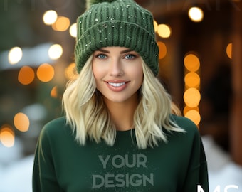 Gildan 18000 Forest Green mockup Green sweatshirt mockup Gildan 18000 Mockup Bundle Model mockups sweatshirt model mock up tshirts mock ups