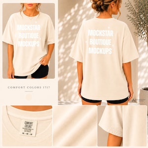 May include: A beige short-sleeve t-shirt featuring the white text MOCKSTAR BOUTIQUE MOCKUPS on the front and back. The shirt has a crew neckline and a Comfort Colors 1717 label inside the collar, showing a relaxed fit and solid fabric texture.