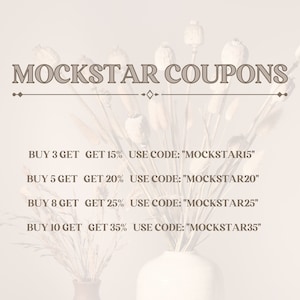 Może przedstawiać: Grafika z tekstem "MOCKSTAR COUPONS" i czterema wierszami tekstu opisującymi kody rabatowe na zakup wielu przedmiot&oacute;w. Tekst brzmi: "BUY 3 GET GET 15% USE CODE: "MOCKSTAR15"" "BUY 5 GET GET 20% USE CODE: "MOCKSTAR20"" "BUY 8 GET GET 25% USE CODE: "MOCKSTAR25"" "BUY 10 GET GET 35% USE CODE: "MOCKSTAR35""