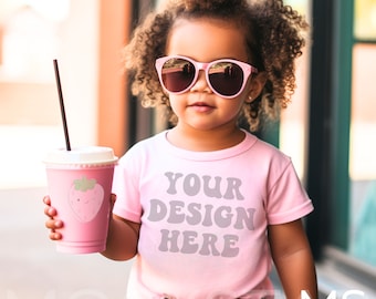 Kids Bella Canvas 3001 Pink Kids Shirt Mockup Bundle Girls T-Shirt Mock up Pink Summer Mockup Toddler Tshirt Mock Ups Tshirt Mockup Bundle