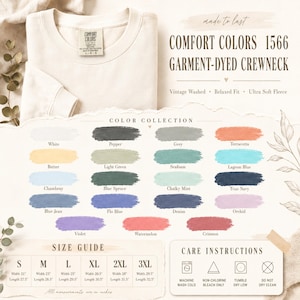 May include: A beige Comfort Colors 1566 garment-dyed crewneck sweatshirt with a size guide showing widths and lengths in inches, care instructions, and a color collection chart featuring swatches labeled White, Pepper, Grey, Terracotta, Butter, Light Green, Seafoam, Lagoon Blue, Chambray, Blue Spruce, Chalky Mint, True Navy, Blue Jean, Flo Blue, Denim, Orchid, Violet, Watermelon, and Crimson.