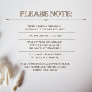May include: A digital download announcement with the text "PLEASE NOTE:" in a decorative font. The text explains the digital nature of the product, including file type, download process, and usage rights. The background is a soft, neutral color.