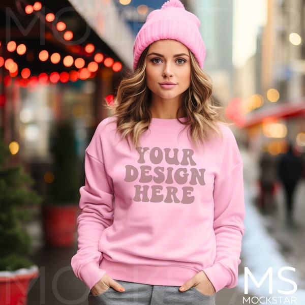 Pink Sweater Mockup Gildan 18000 Mockup Gildan Pink Sweatshirt Mockup Stock Photography SVG Mockup JPG Digital Download Model Mockup Mock up