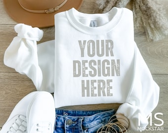 Gildan 18000 Mockup Gildan White Sweatshirt Mockup Model Mockup Stock Photography SVG Mockup JPG Digital Download White Sweater Mockup White