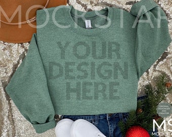 Gildan 18000 Mockup Heather Sport Dark Green Gildan Green Sweatshirt Flat Lay Mockup Bundle Gildan 18000 Mockup Heather Sport Green Mock Ups