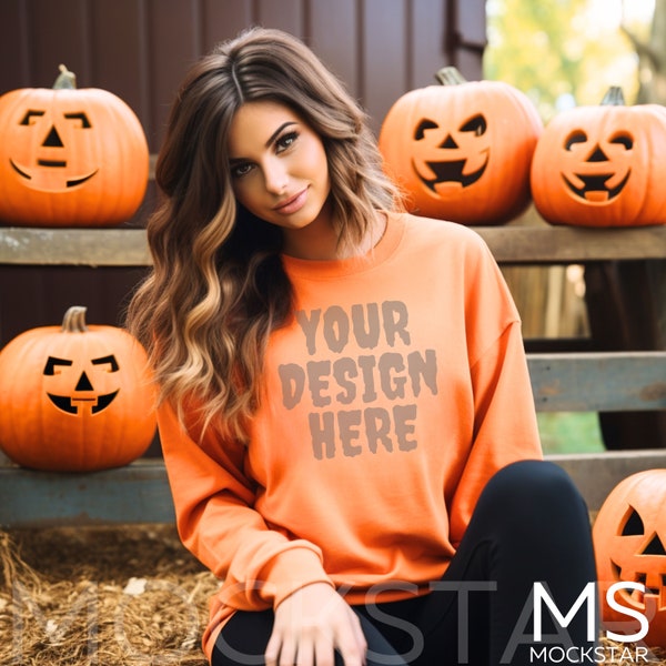 Orange Sweater Mockup Gildan 18000 Mockup Gildan Orange Sweatshirt Mockup Stock Photography SVG Mockup JPG Digital Download Model Mockup