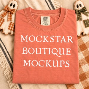 May include: A terracotta-colored t-shirt with a crew neckline and short sleeves. The shirt features the white text MOCKSTAR BOUTIQUE MOCKUPS printed in a bold, serif font across the chest. A Comfort Colors brand label is visible at the inner neck.