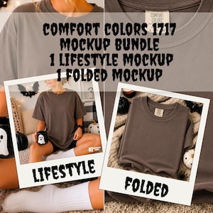 May include: A Comfort Colors 1717 t-shirt mockup bundle featuring a lifestyle image of a brown t-shirt and a folded image of the same brown t-shirt. The text Comfort Colors 1717 Mockup Bundle, 1 Lifestyle Mockup, and 1 Folded Mockup is visible.