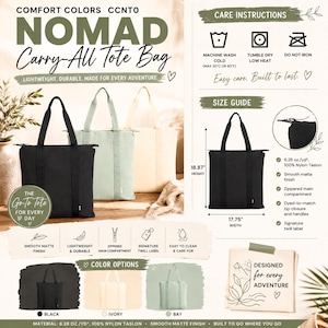 Pode incluir: Uma bolsa tote Nomad Carry-All nas cores preta, marfim e bay. Inclui um compartimento principal com zíper, acabamento fosco suave e material 100% nylon taslon. As dimensões mostradas são 47,9 cm de altura e 45,1 cm de largura.