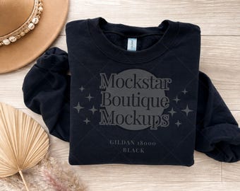 Gildan 18000 Black Sweatshirt Mockup Minimalist Crewneck Sweater Real Photo Folded Flatlay Mock up print on Demand JPG Digital Download Mock