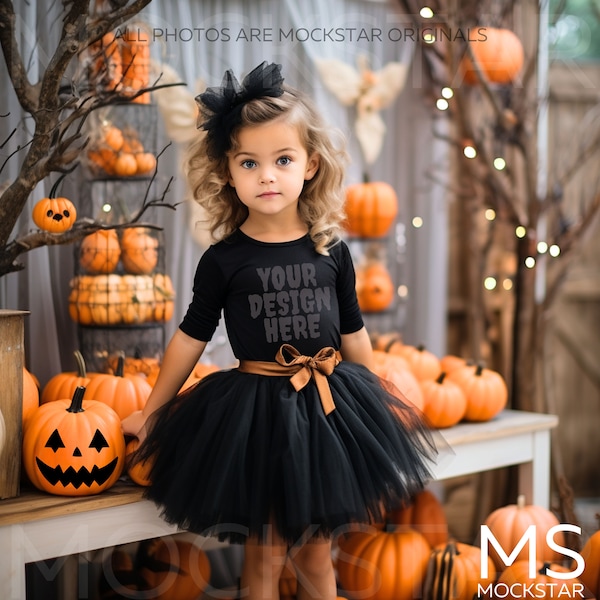 KidS  3302 Black Kids Shirt Mockup Bundle Girls Long Sleeve Tee Mock up Halloween Mockup Toddler Shirt Kids Fall Mockup Bundle