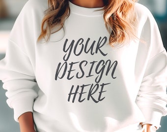 Gildan 18000 White Sweatshirt Mockup Gildan 18000 White Crewneck Mockup Model Mockup Gildan 18000 Mockup White Sweater mockup White mockup