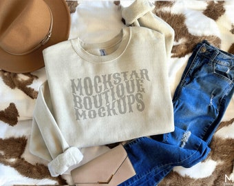 Gildan 18000 Mockup Sand Gildan 18000 Trendy Crewneck Sweatshirt Mockup Bundle G180 Mockups Print on Demand Mockup Sweatshirt Mock ups Sand