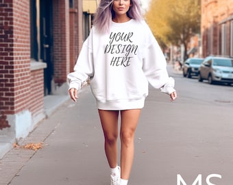 White Gildan 18000 Mockup Gildan 18000 White Sweatshirt Mockup Oversized White Hoodie Mockup Model Mockup Bundle Gildan 18000 Mock up tshirt