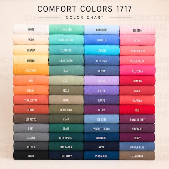Comfort Colors 1717 Color Chart Mockup 56 Colors T Shirt Color Guide POD Mockup Minimalist Shirt Listing Photo for Etsy Printify Apparel