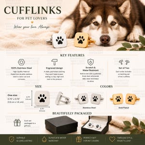 May include: Square cufflinks for pet lovers, featuring a paw print design. Available in stainless steel and gold-plated finishes. Each cufflink measures 0.75 x 0.75 inches (1.9 cm x 1.9 cm). Durable and scratch-resistant.