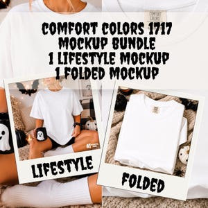 May include: A Comfort Colors 1717 mockup bundle featuring a lifestyle mockup and a folded mockup. The lifestyle image shows a white t-shirt with a ghost mug, while the folded image displays a plain white t-shirt on a textured surface.