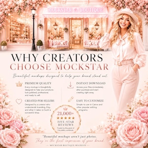 Peut inclure: Un graphique promotionnel pour Mockstar Boutique avec un arri&egrave;re-plan de devanture, une personne en tenue rose clair et du texte incluant WHY CREATORS CHOOSE MOCKSTAR, PREMIUM QUALITY, INSTANT DOWNLOAD, CREATED FOR SELLERS et 21,000+ FIVE-STAR REVIEWS.