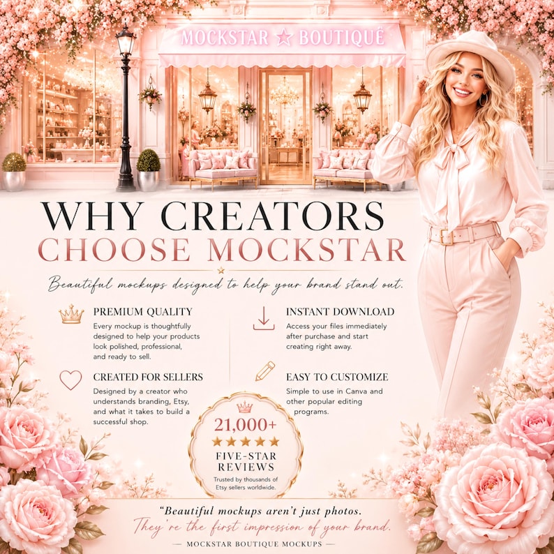 Peut inclure: Un graphique promotionnel pour Mockstar Boutique avec un arri&egrave;re-plan de devanture, une personne en tenue rose clair et du texte incluant WHY CREATORS CHOOSE MOCKSTAR, PREMIUM QUALITY, INSTANT DOWNLOAD, CREATED FOR SELLERS et 21,000+ FIVE-STAR REVIEWS.