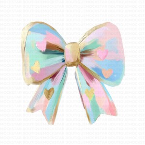 May include: A large, pastel-colored bow with gold accents and small hearts. The bow is made of a soft, brushstroke-like material and has a light blue, pink, and green color scheme.