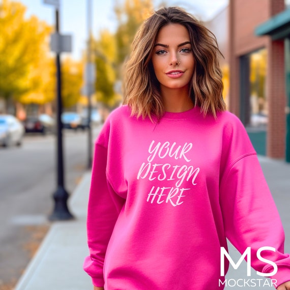 Gildan 18000 Pink Sweatshirt Mockup Heliconia Pink Gildan 18000 Mockup Oversized Pink Hoodie Mockup Model Mockup Bundle Gildan 18000 Mock up