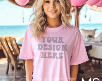 BLOSSOM PINK Comfort Color C1717 Pink Mockup Oversized Ivory Outdoors Mockup Model Mockup Trendy Mock Aesthetic Mockup Pink Colored Shirt