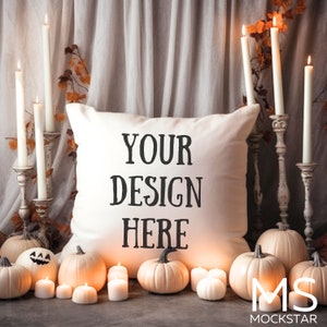Pillow Mockup White Spun Polyester Square Pillow Mockup Halloween Mockup Home Interior Mockup Stock Photography Flat Lay MockUp Throw Pillow