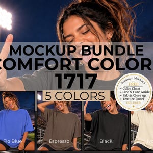 May include: A digital mockup bundle for Comfort Colors 1717 t-shirts featuring five colour options: Flo Blue, Espresso, Black, and Ivory. The graphic includes the text MOCKUP BUNDLE COMFORT COLOURS 1717 5 COLOURS and a circular badge labelled Premium Mockups.