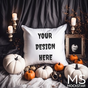 Pillow Mockup White Spun Polyester Square Pillow Mockup Halloween Mockup Home Interior Mockup Stock Photography Flat Lay MockUp Throw Pillow