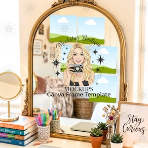 May include: A gold-framed mirror with an ornate design stands on a white desk. The mirror reflects a mock-up image with a woman holding a camera, the text "Mockstar Boutique" and "Mockups Canva Frame Template". The desk holds books, pens, and plants.